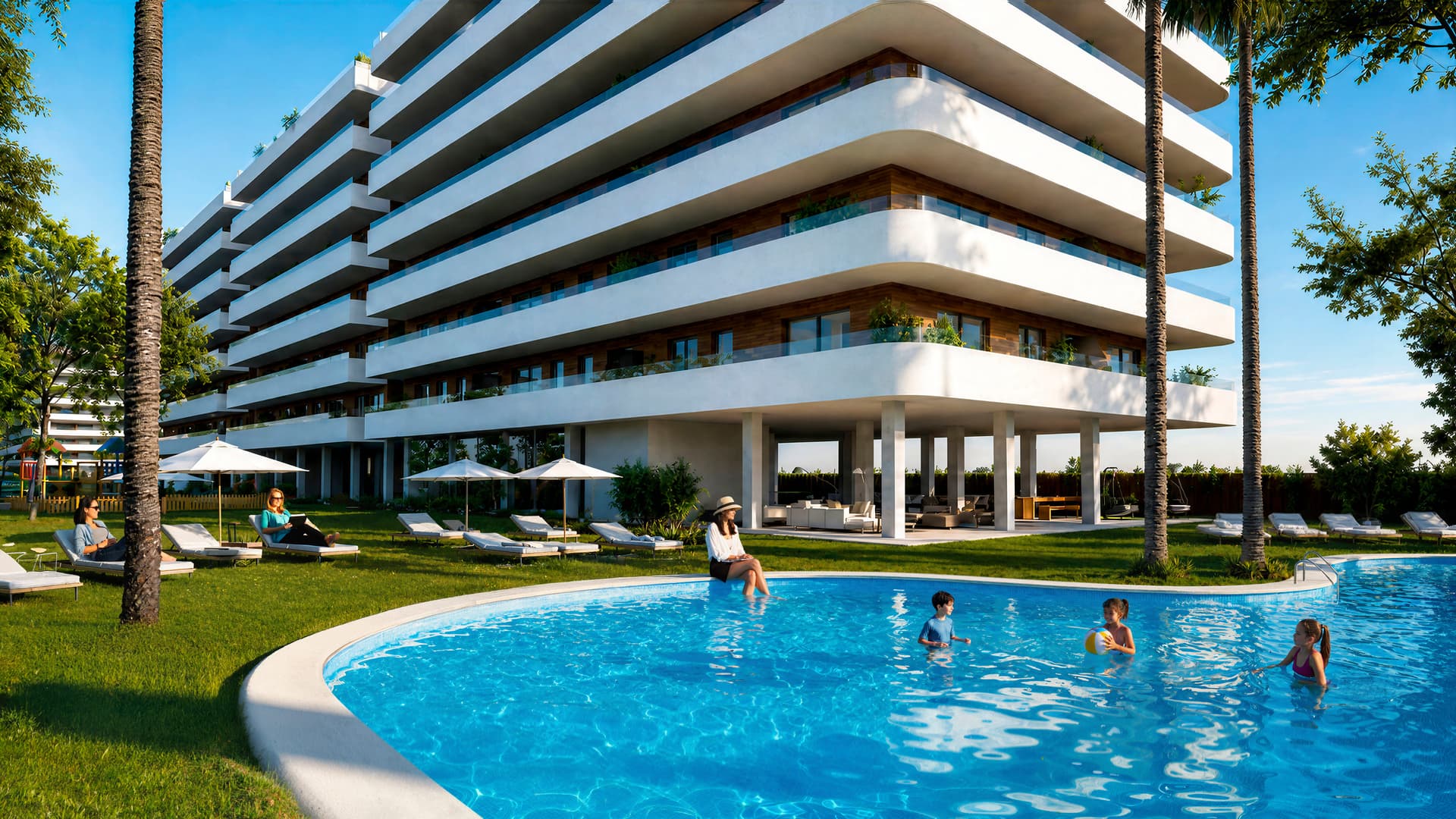 Panoramic CALMA con piscina, jardín, palmeras y amplias terrazas curvas.